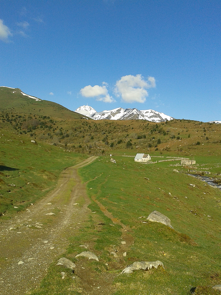 staza, planine, planinarenje, Pyrénées, zelena, plava