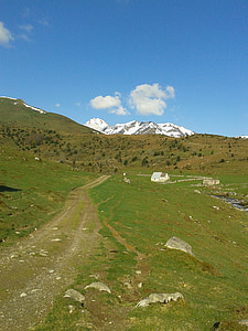 stezka, Hora, pěší turistika, Pyrénées, zelená, modrá