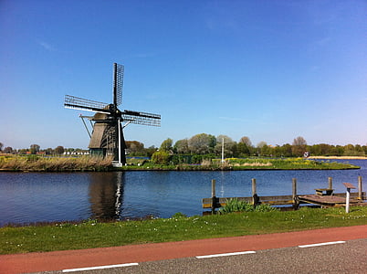 windmill, canal, countryside, traditional, holland, dutch, netherlands