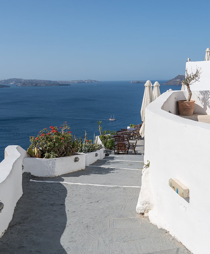 Santorini, Oia, Görögország, sétány, elérési út, utazás, nyári