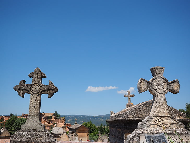 kereszt, Stone cross, Grave, sírja, temető, régi temető, Roussillon