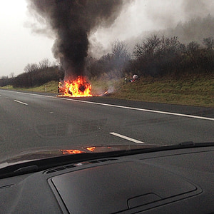 accident, highway, burning car, flames, auto