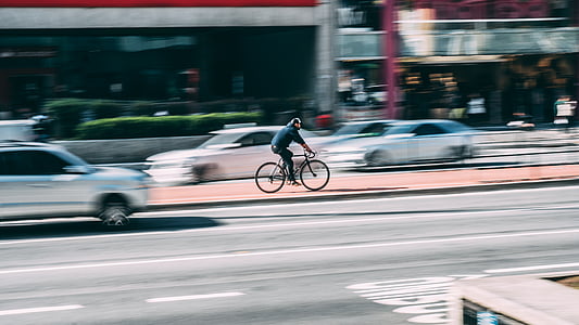 cykel, oskärpa, bilar, staden, cyklist, Road, Urban