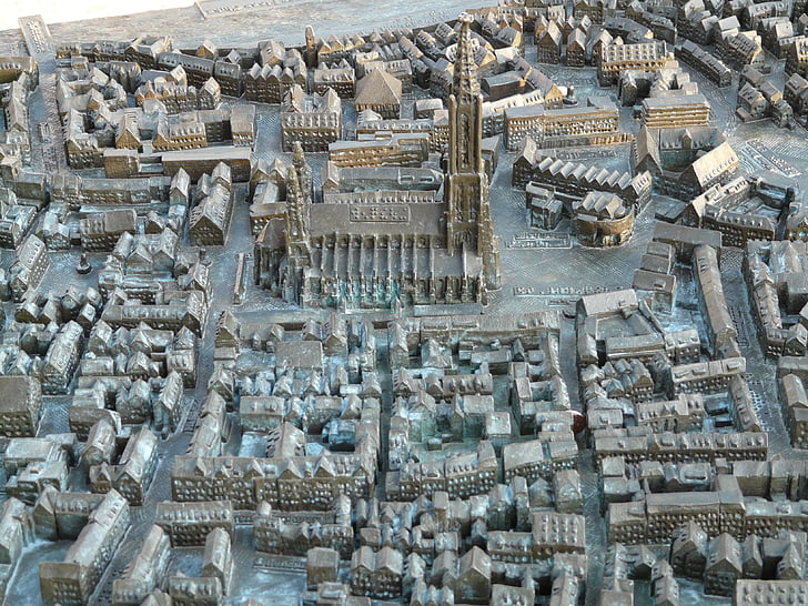lättnad, karta, Ulm-katedralen, Münster, Ulm, metallplattan, bronsrelief