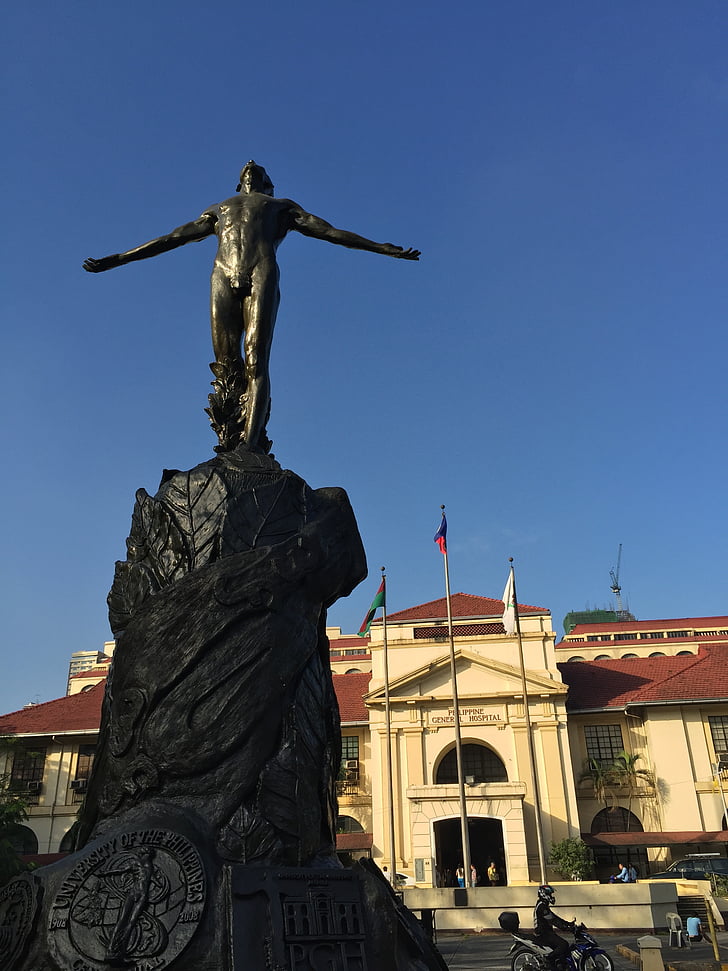 standbeeld, armen open, Universiteit van de Filippijnen, ziekenhuis, spijsoffer, symbool, Manilla