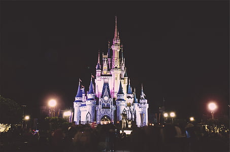 Disney land, slott, natt, mörka, kvällen, lampor, arkitektur
