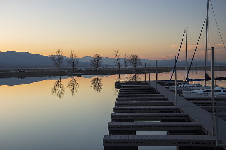 photo, gray, wooden, bridge, golden, hour, sunset