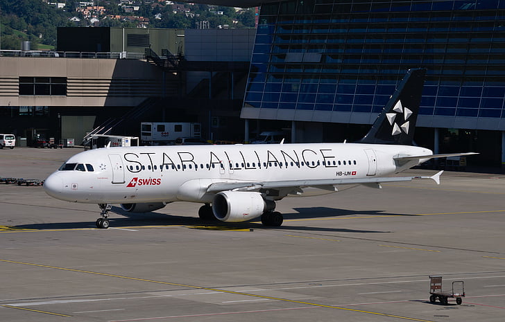 repülőgép, Airbus A320 típusú repülőgéppel, svájci airlines, csillag Szövetség, repülőtér, Zürich, ZRH