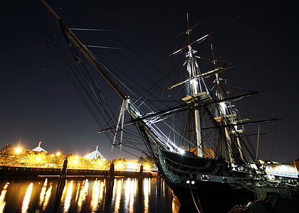 USS alkotmány, Boston, Massachusetts, éjszaka, este, Bay, kikötő