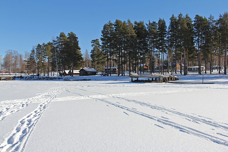 lago congelado, Lago Siljan, Lago, congelado, neve, gelo, frio