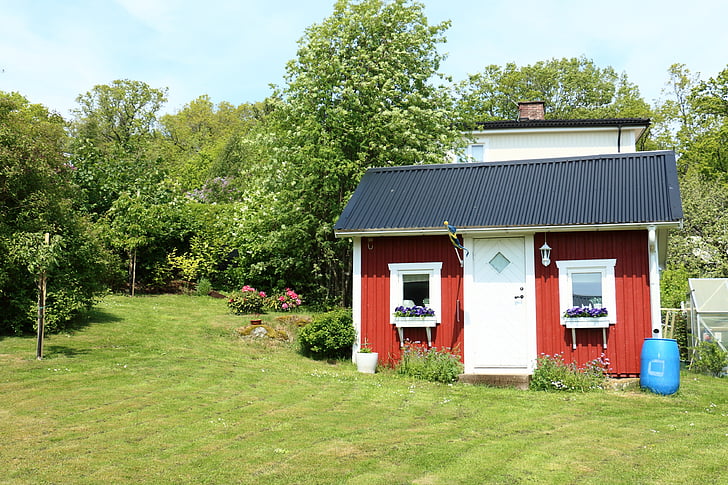 Cottage, Sân vườn, mùa hè, Thuỵ Điển, màu đỏ, bầu trời xanh, Thiên nhiên