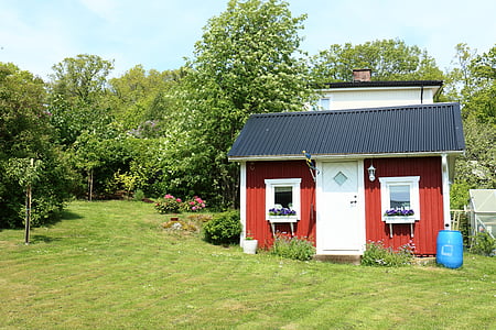 cottage, garden, summer, sweden, red, sky blue, nature