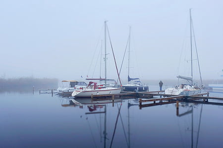 sailing vessel, ship, lake, rust neusiedlersee, fog, sail, boot