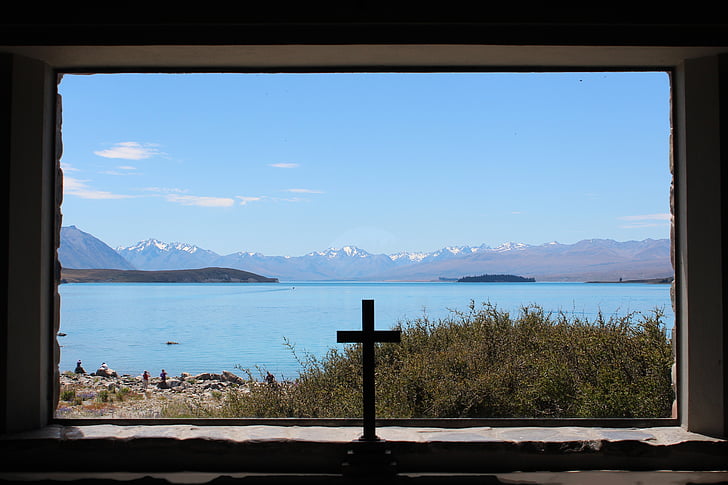 church, view, cross, landscape, window, lake