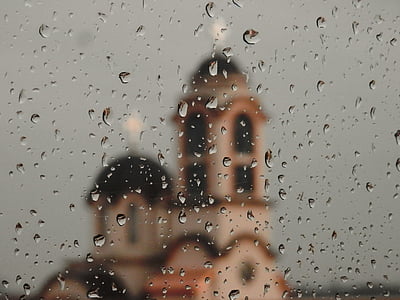 regndråber, vindue, sløret, vand, regn, glas, dråbe