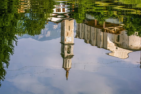 Lake, water, reflectie, kerk, lucht water, Italië, natuur