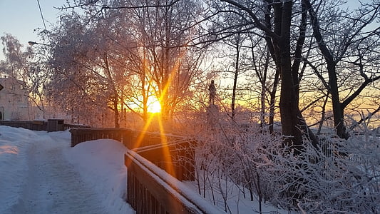 forankring, Sunset, vinter, sne, skønhed