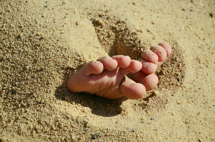 kājām, smilts, desmit, basām kājām, pludmale, vasaras, Sendija