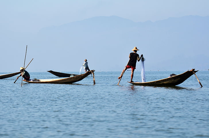 inlelake, Inle-tó, Single-láb-rowers, Mianmar, Fischer, bambusz kosár, inlesee