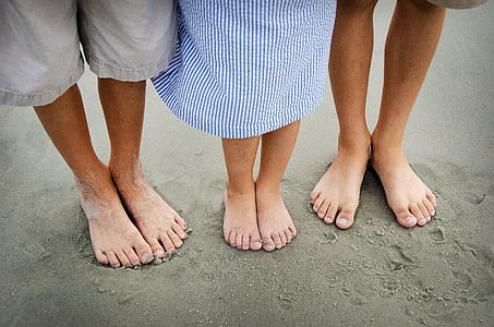 feet, barefoot, beach, children, family