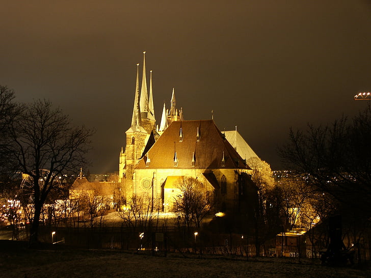 Erfurt, dom, Architektúra, kostol, osvetlené, pamiatky Severikirche, Durínsko Nemecko