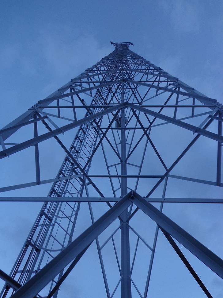 telecommunication towers, tower, metal structure, technology, blue, steel, sky