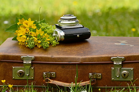 zavazadlo, Kožený kufr, staré, nostalgie, nostalgické, fotoaparát, Agfa isola
