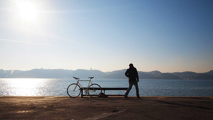 solitária, bicicleta, homem, bicicleta, estilo de vida, ensolarado, cores