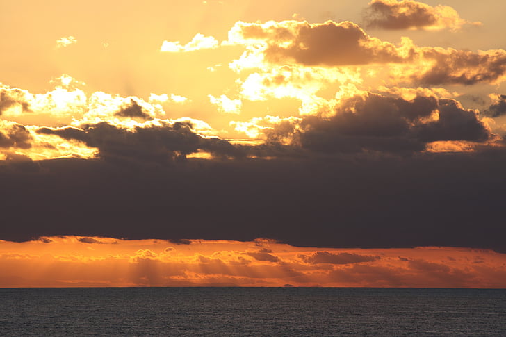 nuages, coucher de soleil, soirée, paysage, orange, mer