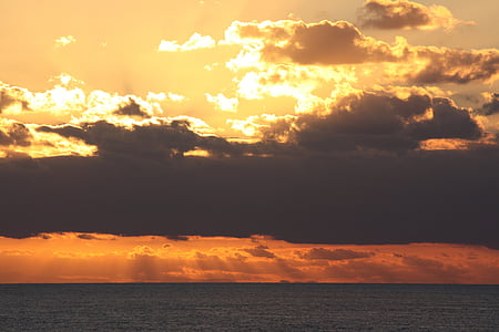 хмари, Захід сонця, вечір, краєвид, помаранчевий, море