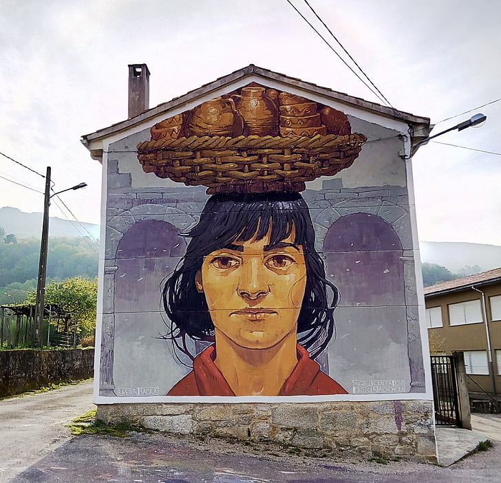 grafiti, pedesaan, Street, wanita, keranjang, riberia Suci, Galicia