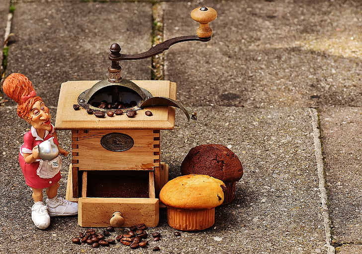 Máy mài, Muffin, phục vụ bàn, con số, bánh, cà phê, hạt cà phê
