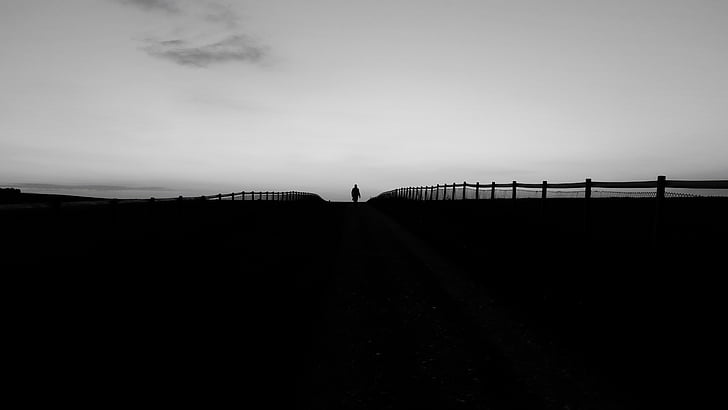 black-and-white, bridge, outdoors, silhouette, sky, solo, nature