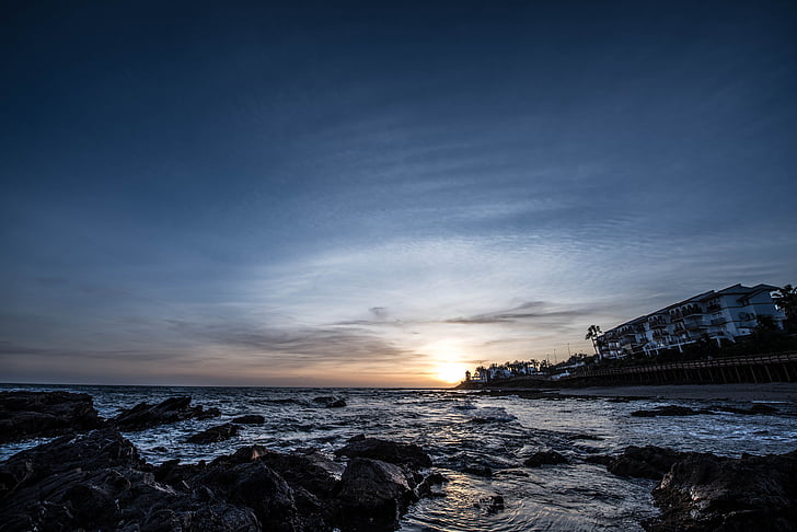 Saulėlydis, paplūdimio hype, Mijas costa mieste, Malaga, Andalūzija, Kosta del Solis regione, Calahonda