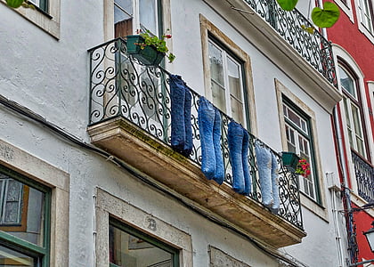 pantalones, decoración, gracioso, balcón, ropa, pantalones vaqueros