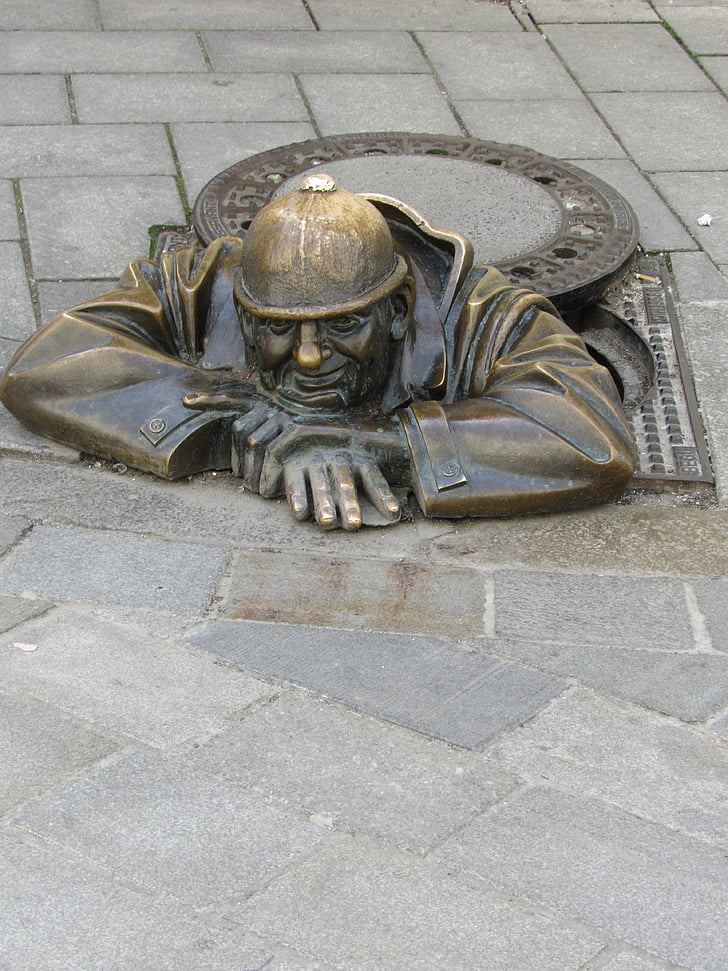 cumyl, statuen, mann, Bratislava, Slovakia, Center, gamlebyen