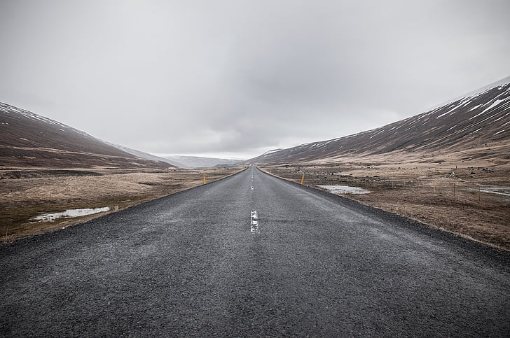 landscape, photo, road, mountains, grey, sky, cold