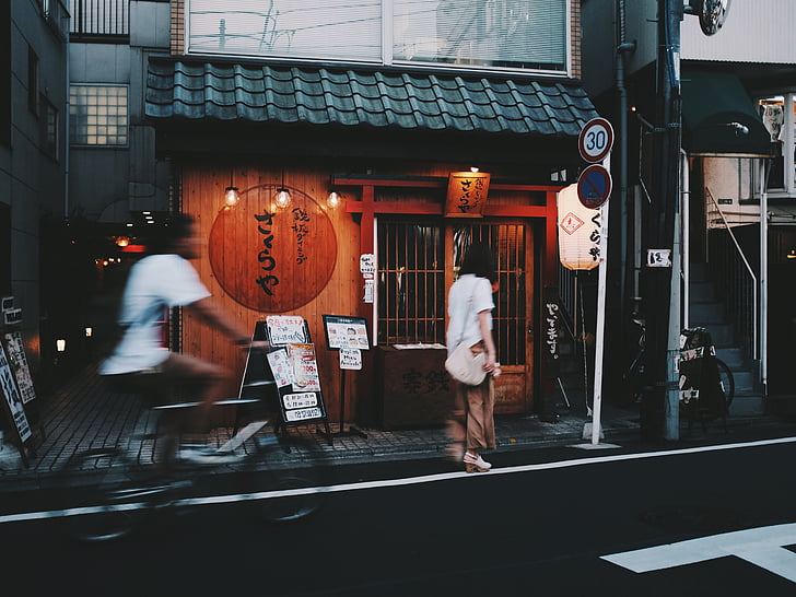 temps, déchéance, photo, biker, en passant, Japonais, cuisine