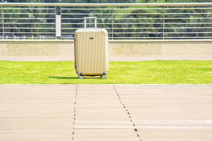 luggage on wheels, case, outdoors, grass, green color, sport, absence
