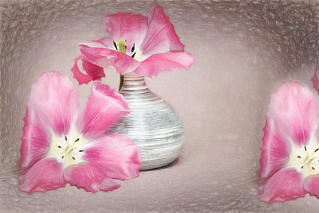 Zeichnung, Blumen, Tulpen, Rosa, Blütenblätter, Vase, schöne