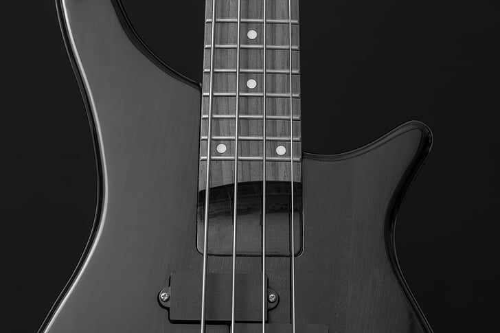 czarno-białe, szczelnie-do góry, gitara, instrument muzyczny, instrument strunowy