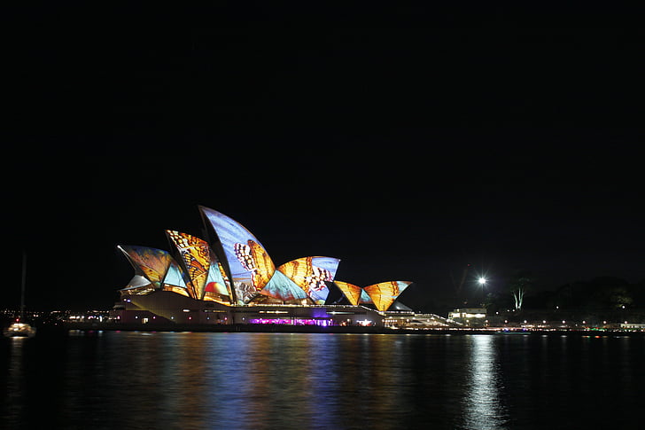 Sydney opera house, Sydney Harbor, Opera house, večer, město, umění, osvětlení