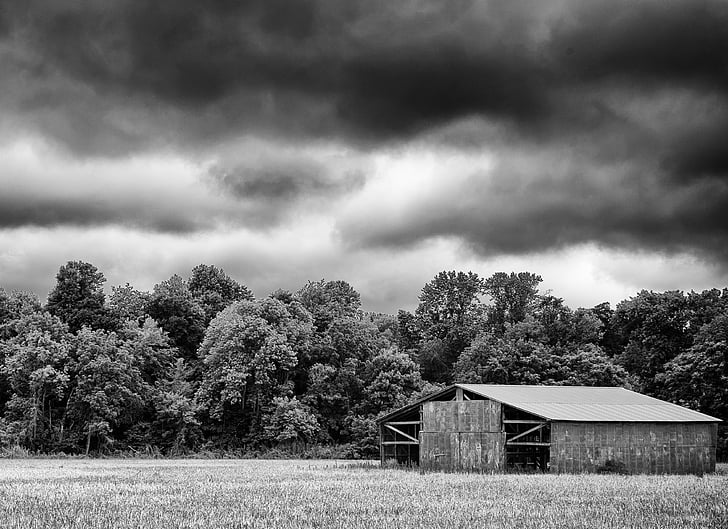 monochrome, black and white, landscape, sky, rural, country barn, architecture