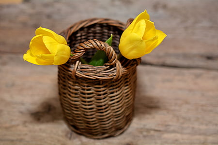 tulipany, żółty, Kosz, drewno, kwiaty cięte, żółte kwiaty, art deco