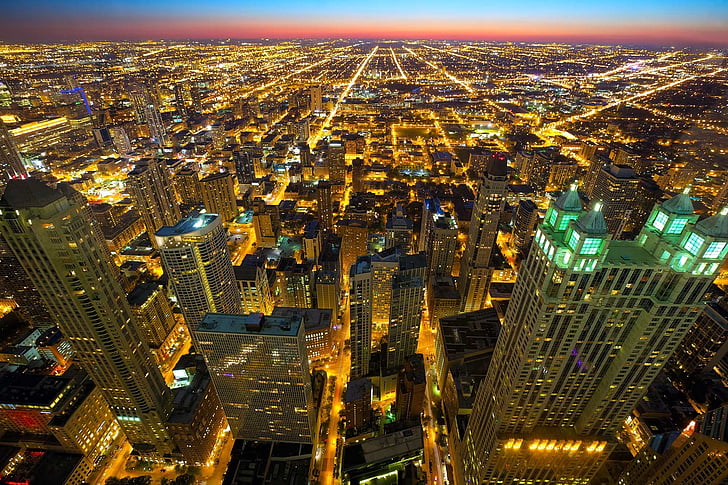 Skyline, ville de nuit, horizon de Chicago, coucher de soleil, horizon, paysage urbain, ville