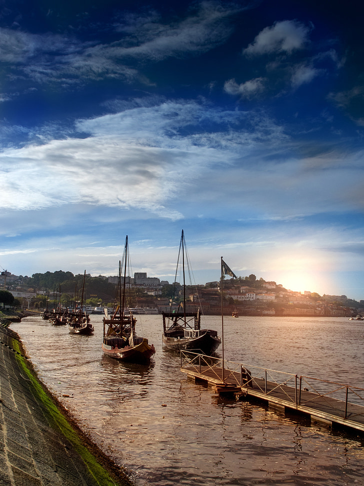 Porto, matahari terbenam, senja, Portugal, perahu, awan, cakrawala