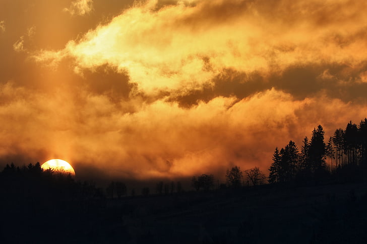 clouds, landscape, morning, nature, silhouette, sky, sun