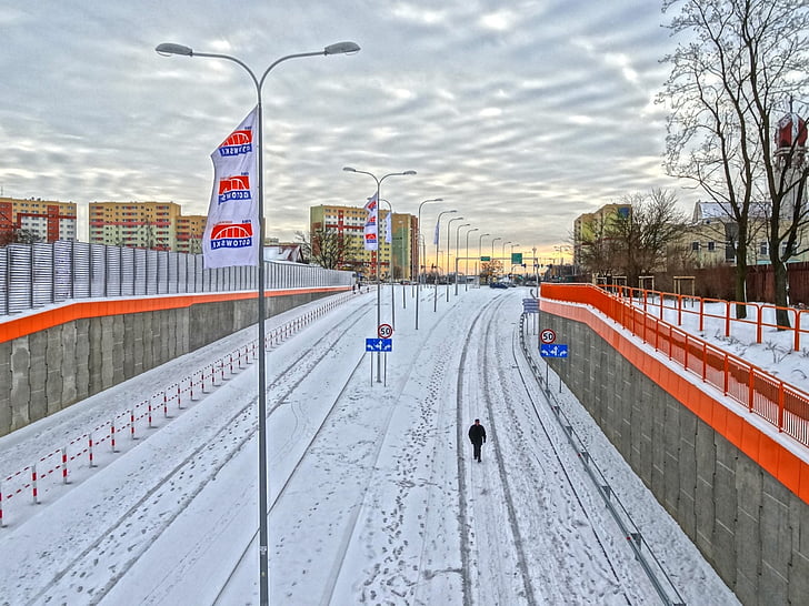 Bydgoszcz, Üniversite yolu, sokak, yol, Kentsel, Kış, kar