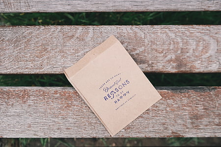 reasons, happy, paper, bag, bench, park, text