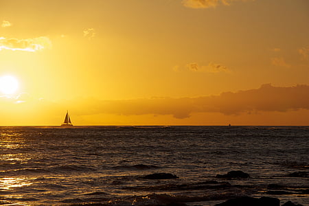 Hawaii, saulriets, jahtu, dzeltena, oranža, okeāns, pludmale